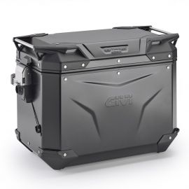 Valise latérale Trekker Outback EVO Black Line coté gauche en aluminium noir, 48 litres